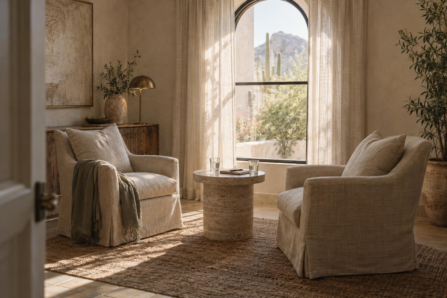 The consultation room: two linen armchairs facing each other across a travertine table