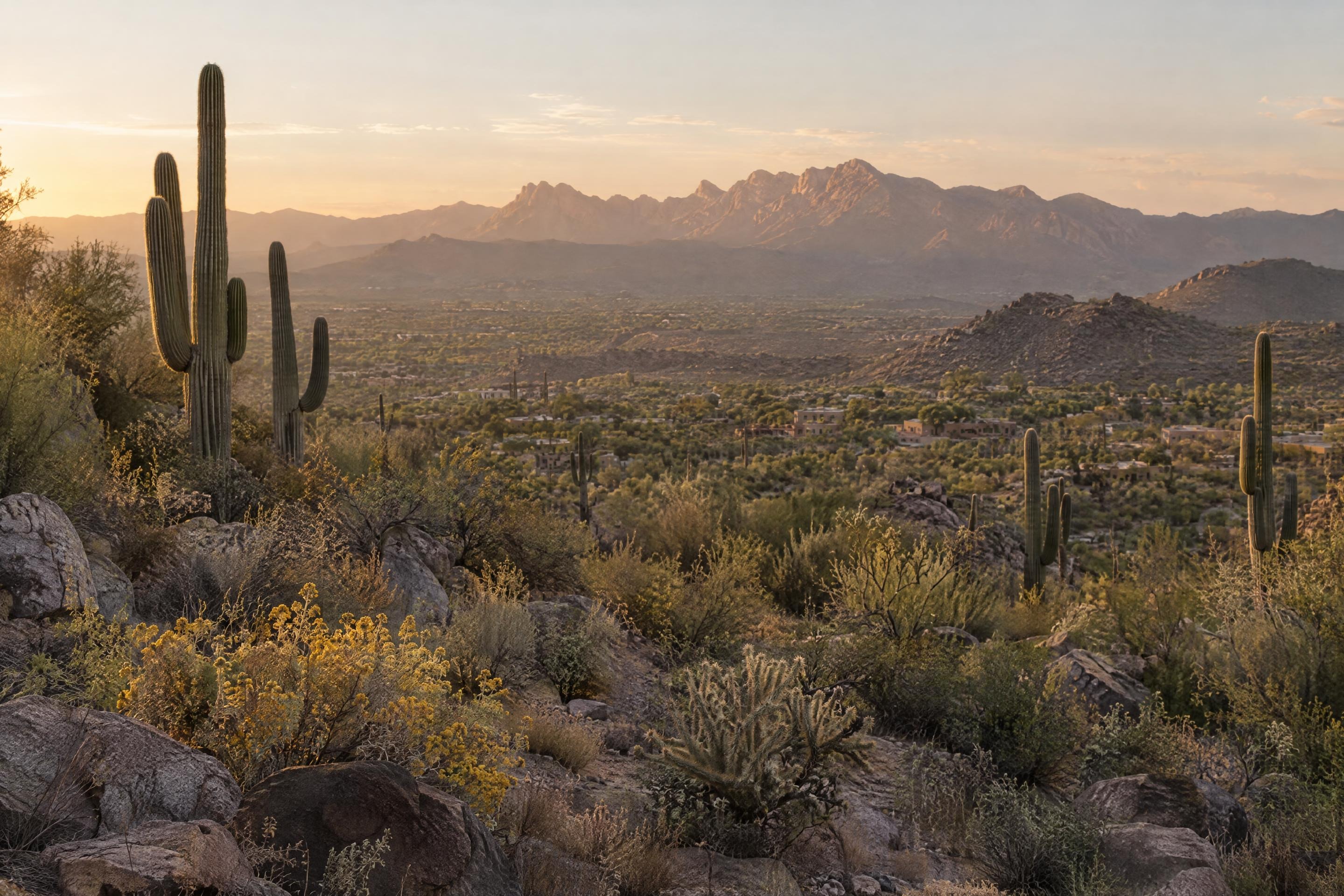 The Sonoran desert at golden hour with saguaros and distant mountains