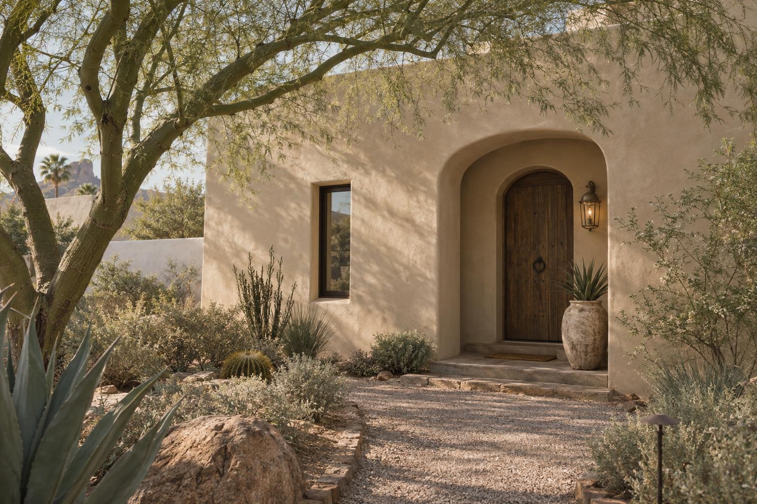 The front of the building: sand-coloured plaster, an arched wooden door and a palo verde tree