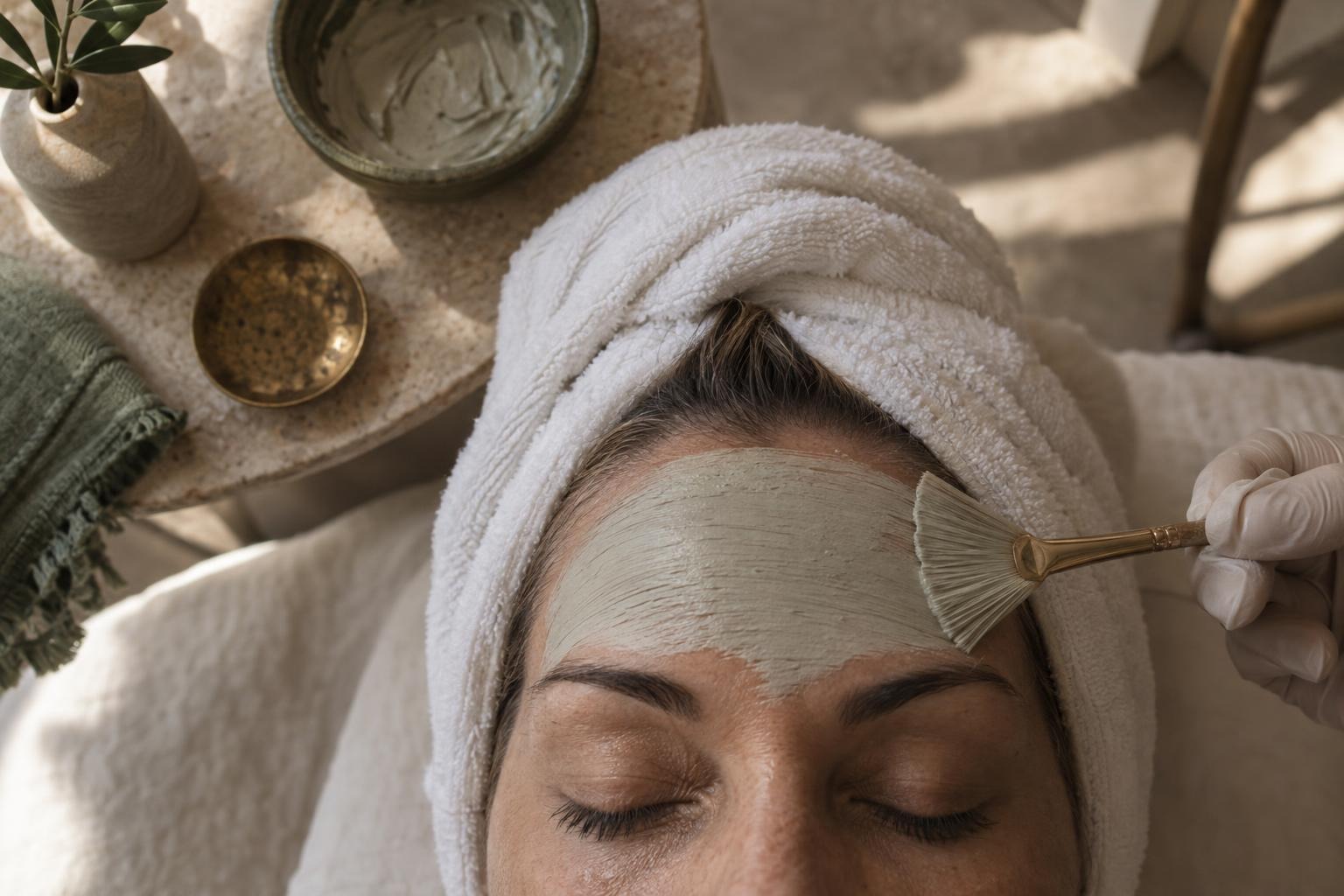 A client with towel-wrapped hair relaxing while a clay mask is brushed on