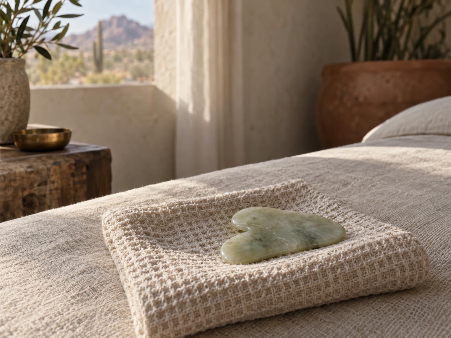 A jade gua sha stone on a folded waffle towel on the treatment bed