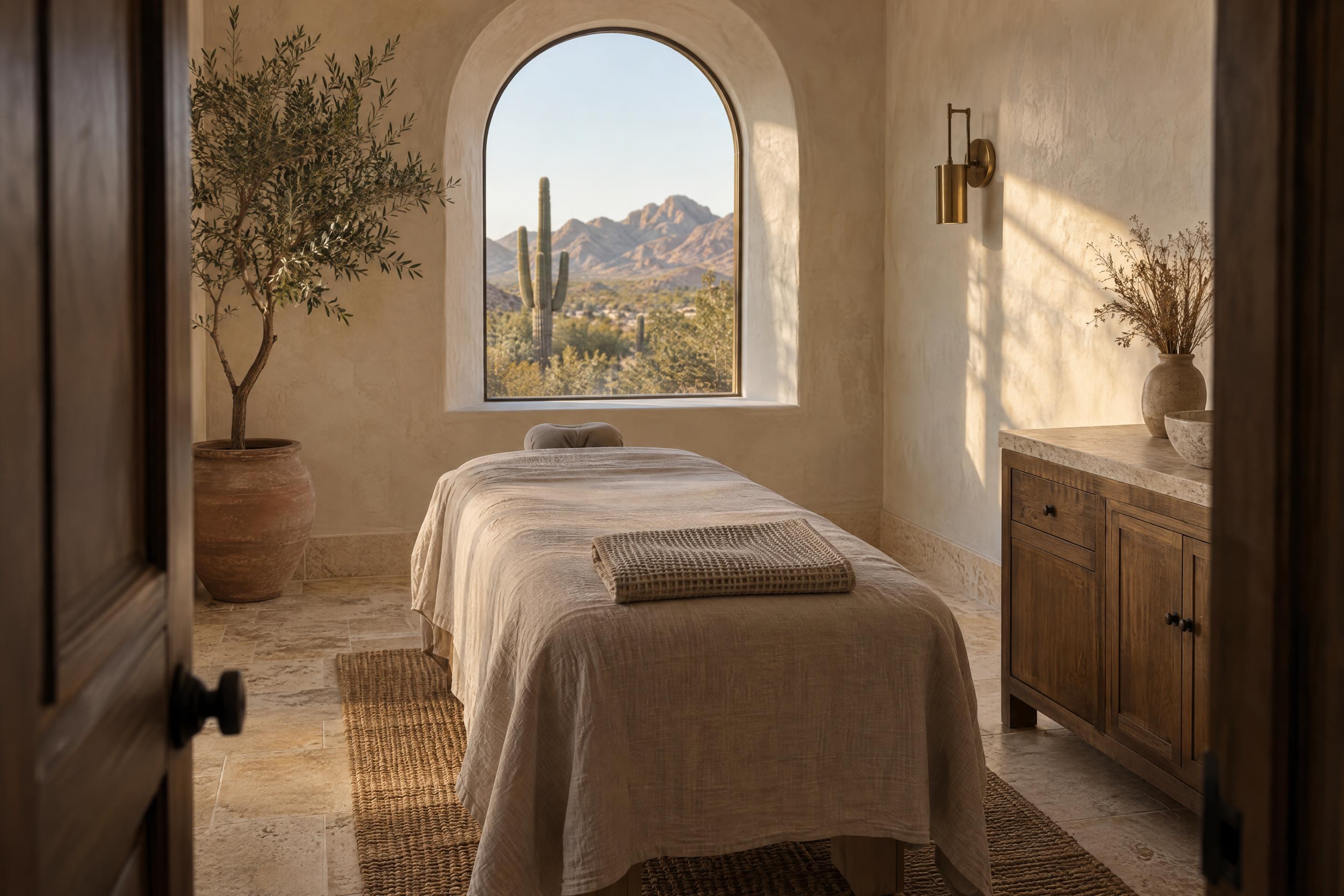 The treatment room, with an arched window onto the desert