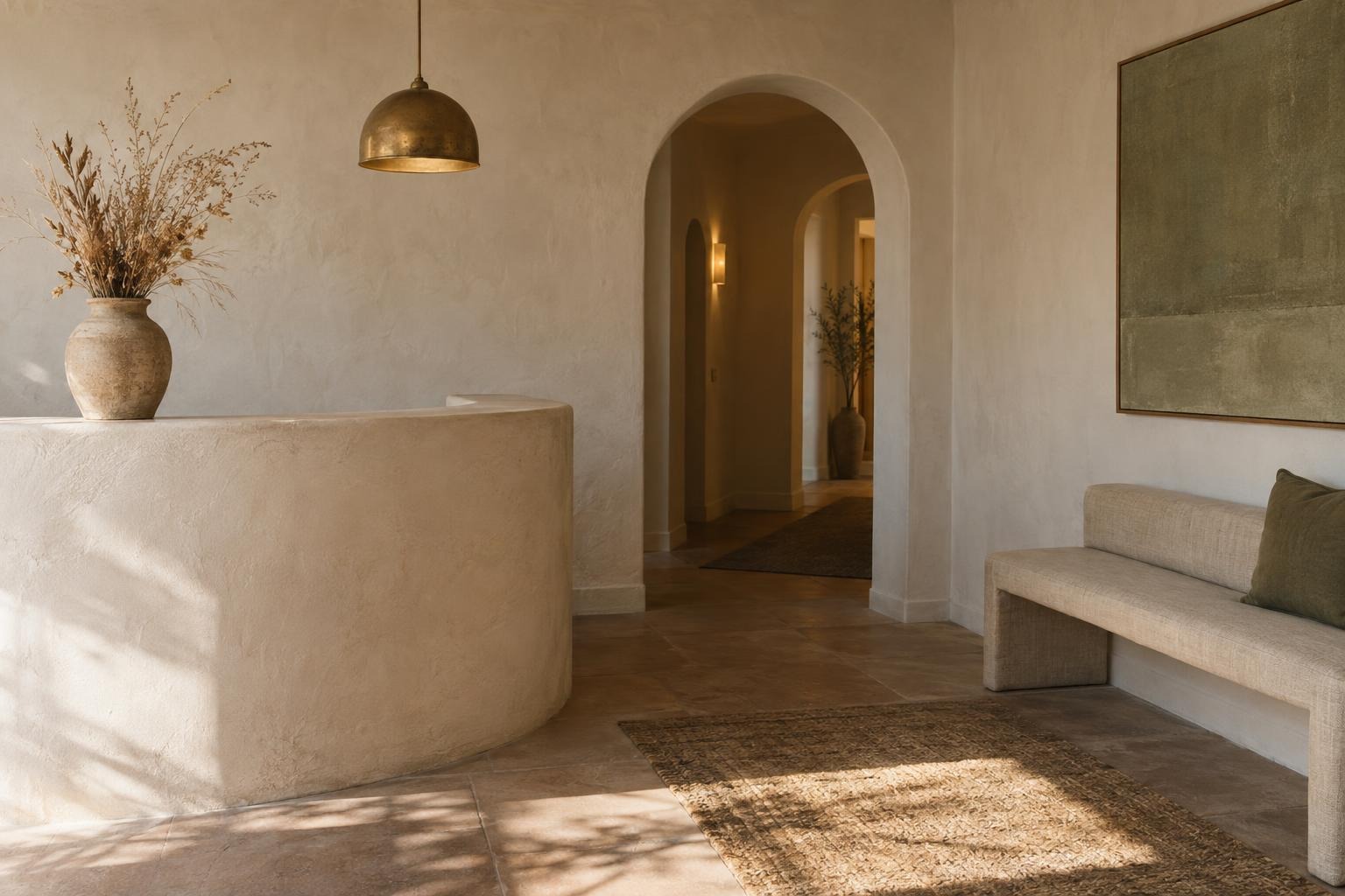 The reception: a curved plaster desk, a brass pendant and an arched hallway
