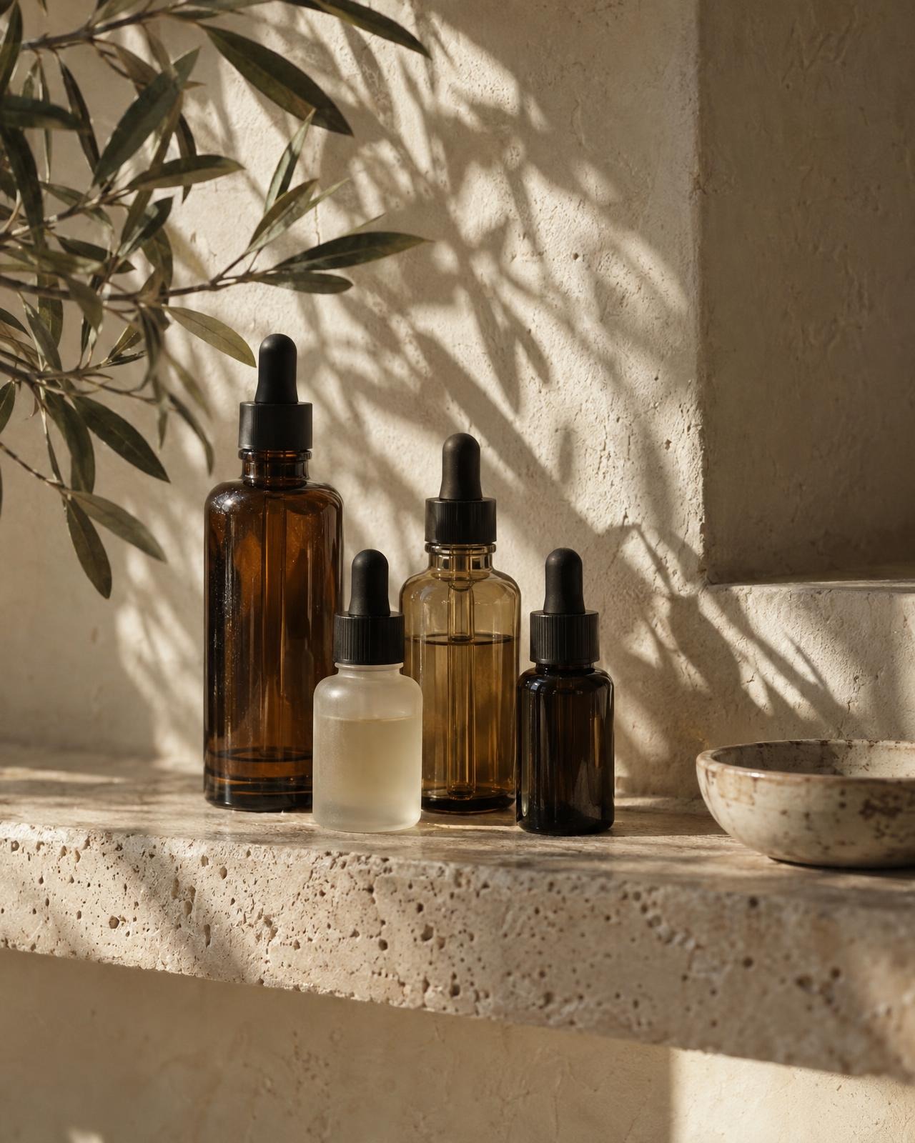 Unlabelled amber and frosted dropper bottles on a travertine shelf